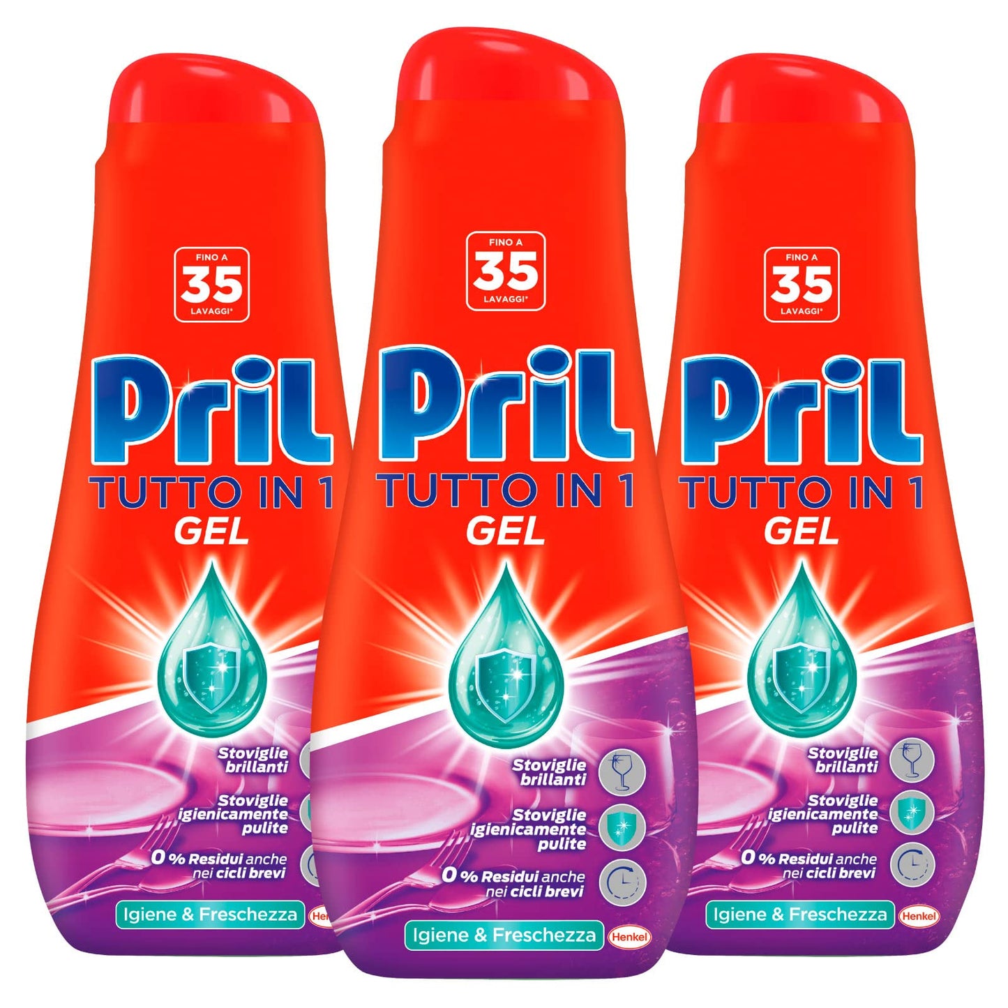 Pril Tutto in 1 Gel Lavastoviglie Detergente Brillantante Igiene & Freschezza Multi-Azione Contro Sporco Difficile Ostinato 0% Residui Formula per Basse Temperature e Cicli Brevi - 3 Flaconi da 630ml