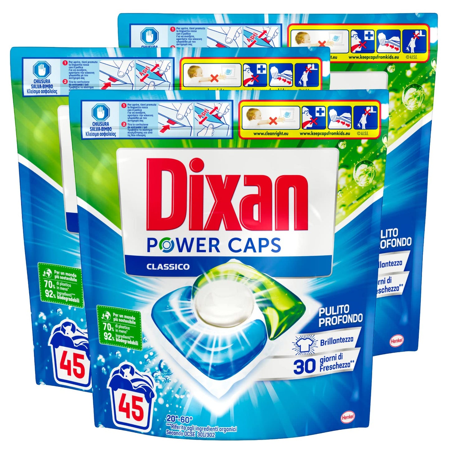 3x Dixan Power Caps Classico Detersivo in Capsule Pre-dosato per Lavatrice Pulito Profondo - 3 Confezioni da 45 Capsule