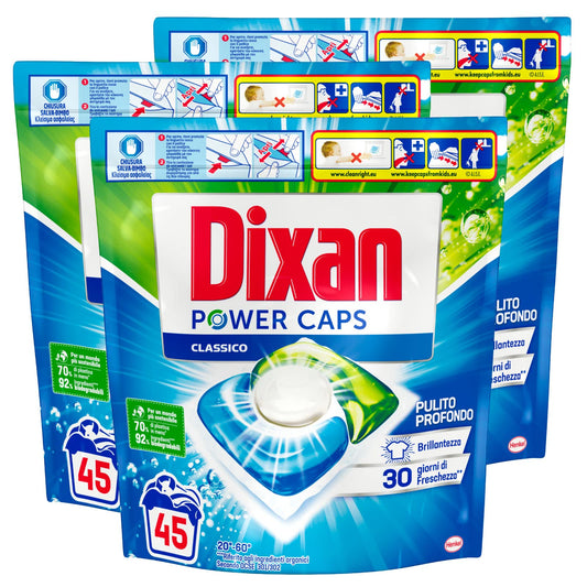3x Dixan Power Caps Classico Detersivo in Capsule Pre-dosato per Lavatrice Pulito Profondo - 3 Confezioni da 45 Capsule