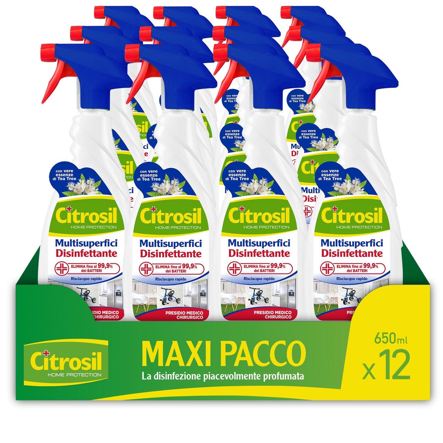 Citrosil Sgrassatore Multisuperfici Disinfettante, Detergente Universale con Vere Essenze di Tea Tree, 650 ml x 12 Confezioni
