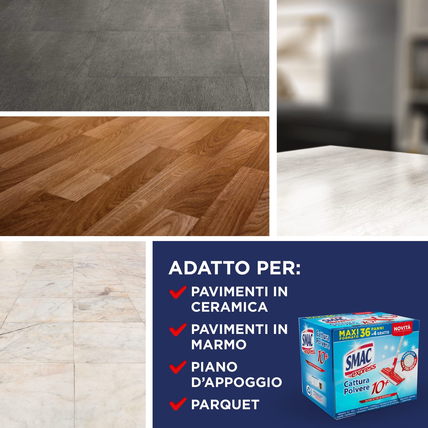 Smac Express - Panni Cattura Polvere 10+, Compatibili con Ogni Scopa, 120 Panni, Cattura Polvere, Sporco e Batteri, Adatti a Tutti i Pavimenti e Superfici, 40 Panni x 3 Confezioni