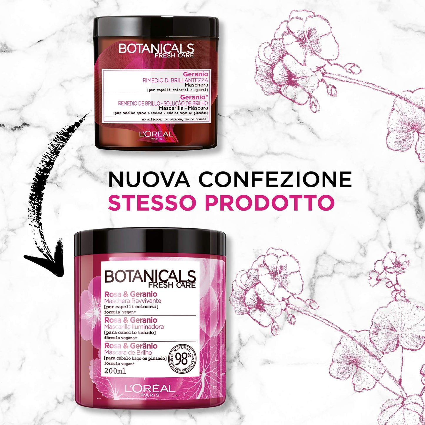 L'Oréal Paris Maschera Capelli Botanicals, Maschera per Capelli Colorati o Spenti, Rimedio di Brillantezza, Rosa e Geranio, 200 ml, Confezione da 1