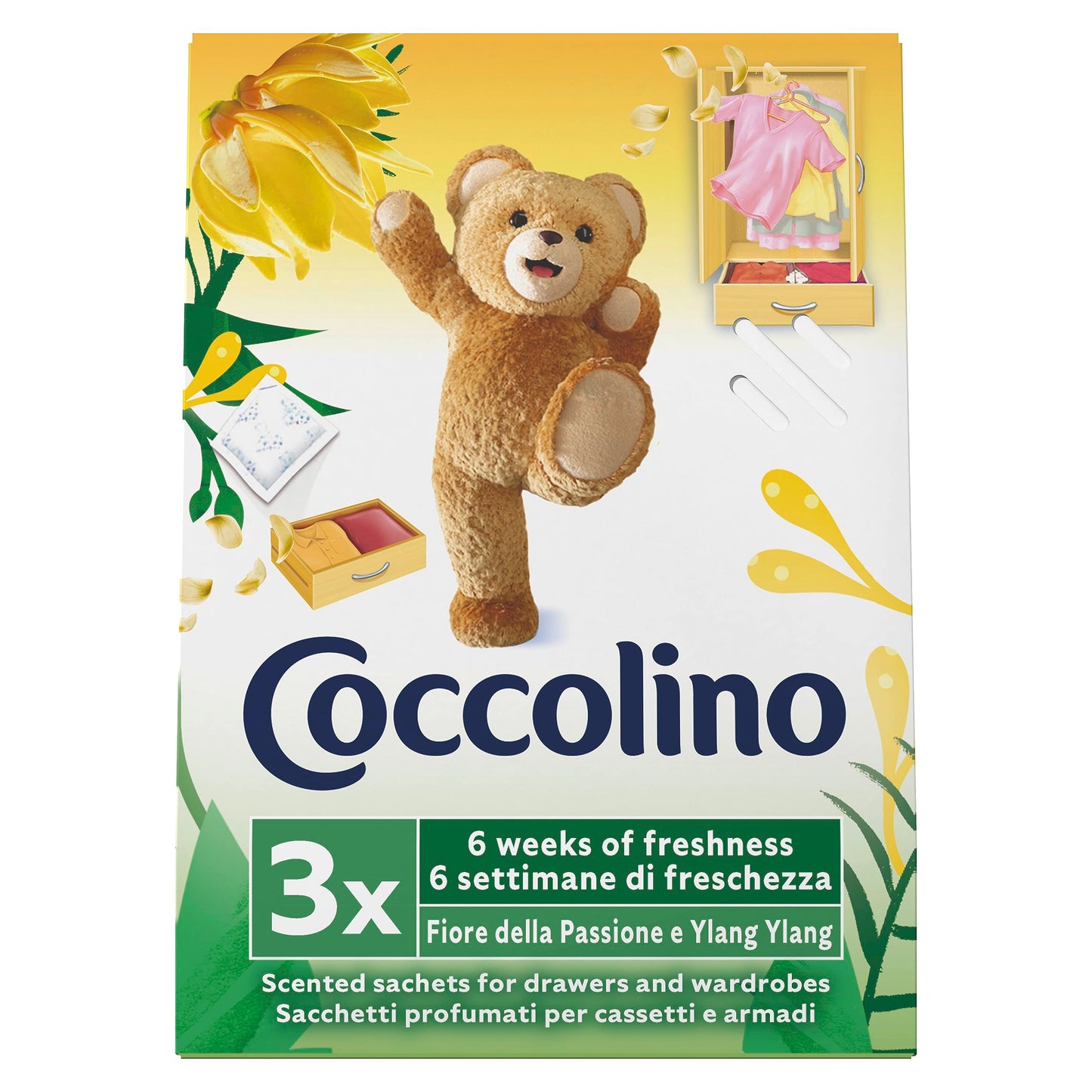 Coccolino Profuma Biancheria, 3 Sacchetti per Ogni Confezione di Fragranze Assortite, Profumo Primavera, Fiori di Tiarè & Frutti Rossi, Ylang Ylang, Confezione da 12 per un Totale di 36 Sacchettini