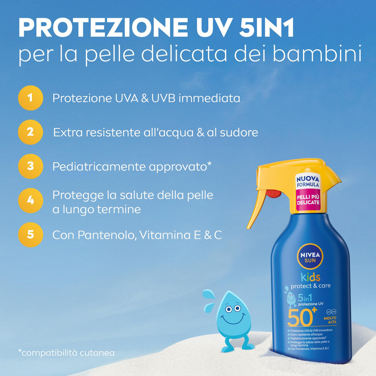 NIVEA SUN Kids Maxi Spray Protect & Care SPF 50+ 270 ml, Crema solare 50 bambini 3+ anni, Protezione solare 50 bambini spray extra resistente all'acqua e al sudore con Pantenolo, Vitamina C & E