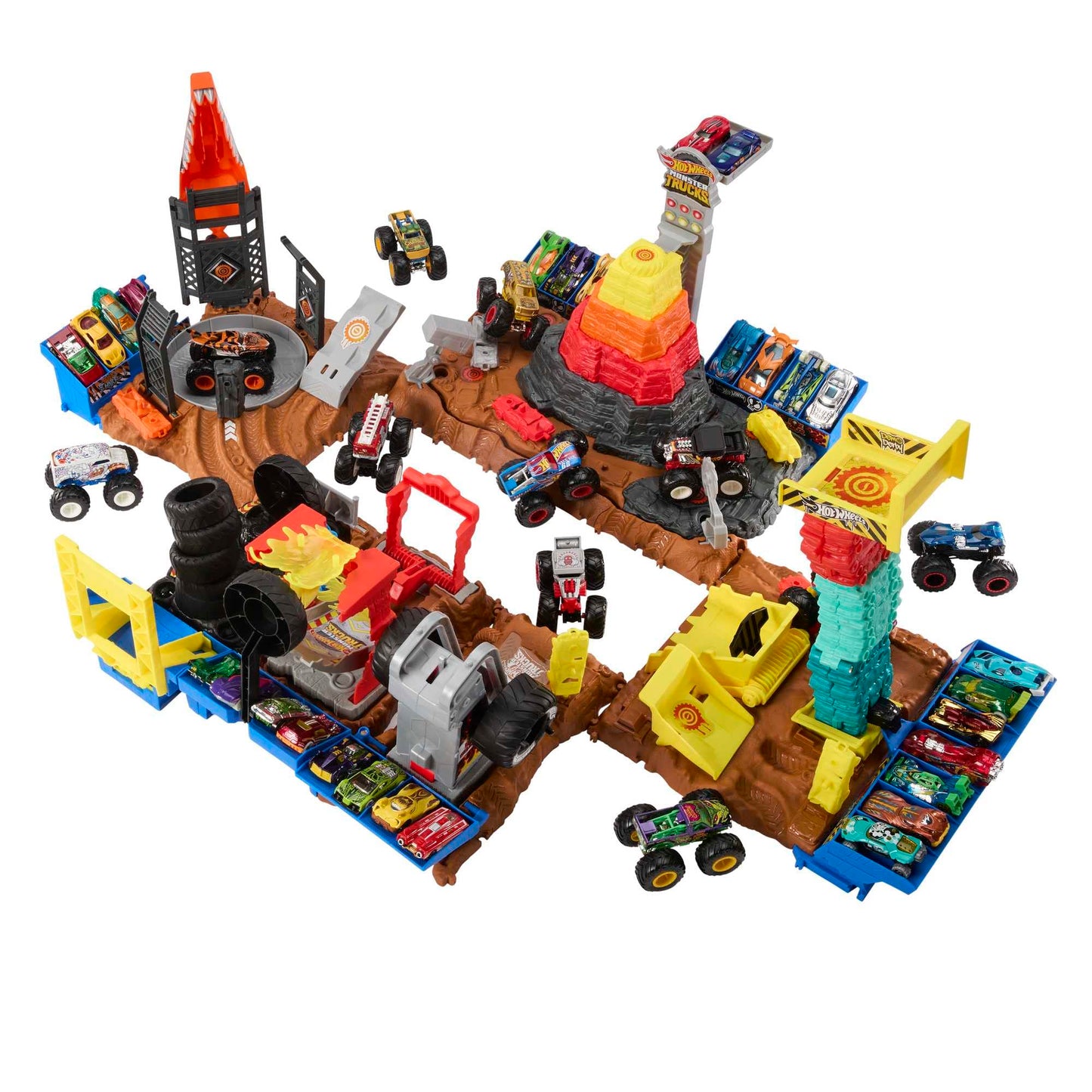 Hot Wheels - Hot Wheels Monster Trucks Arena degli Scontri, Sfida in Testacoda con Tiger Shark, playset con un truck e 2 macchinine da distruggere, giocattolo per bambini 4+ Anni, HNB93