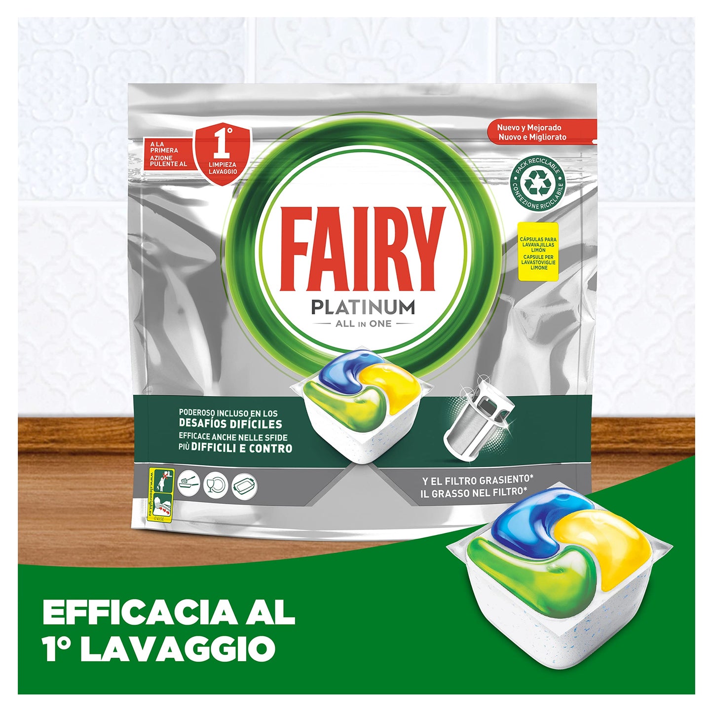 Fairy Platinum Detersivo Pastiglie Lavastoviglie, Brillantante, 100 Capsule Lavastoviglie, Limone, Con Sistema Di Prelavaggio Integrato, Efficace Nelle Sfide Difficili Contro Lo Sporco
