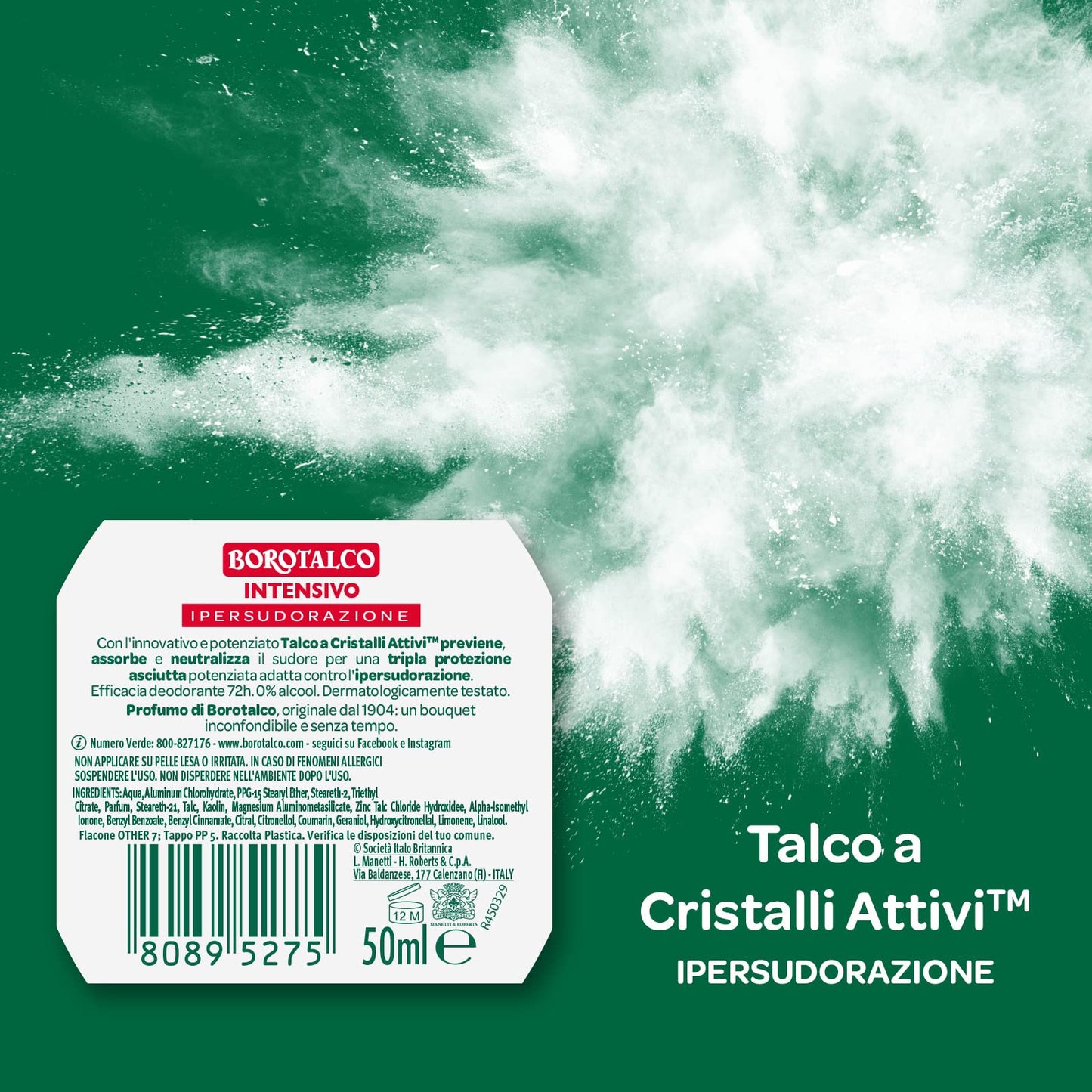 Borotalco, Deodorante Roll On Intensivo, Formula Senza Alcool e con Talco a Cristalli Attivi, Ipersudorazione, Profumo di Borotalco, 72h di Efficacia - 1 Flacone da 50 ml