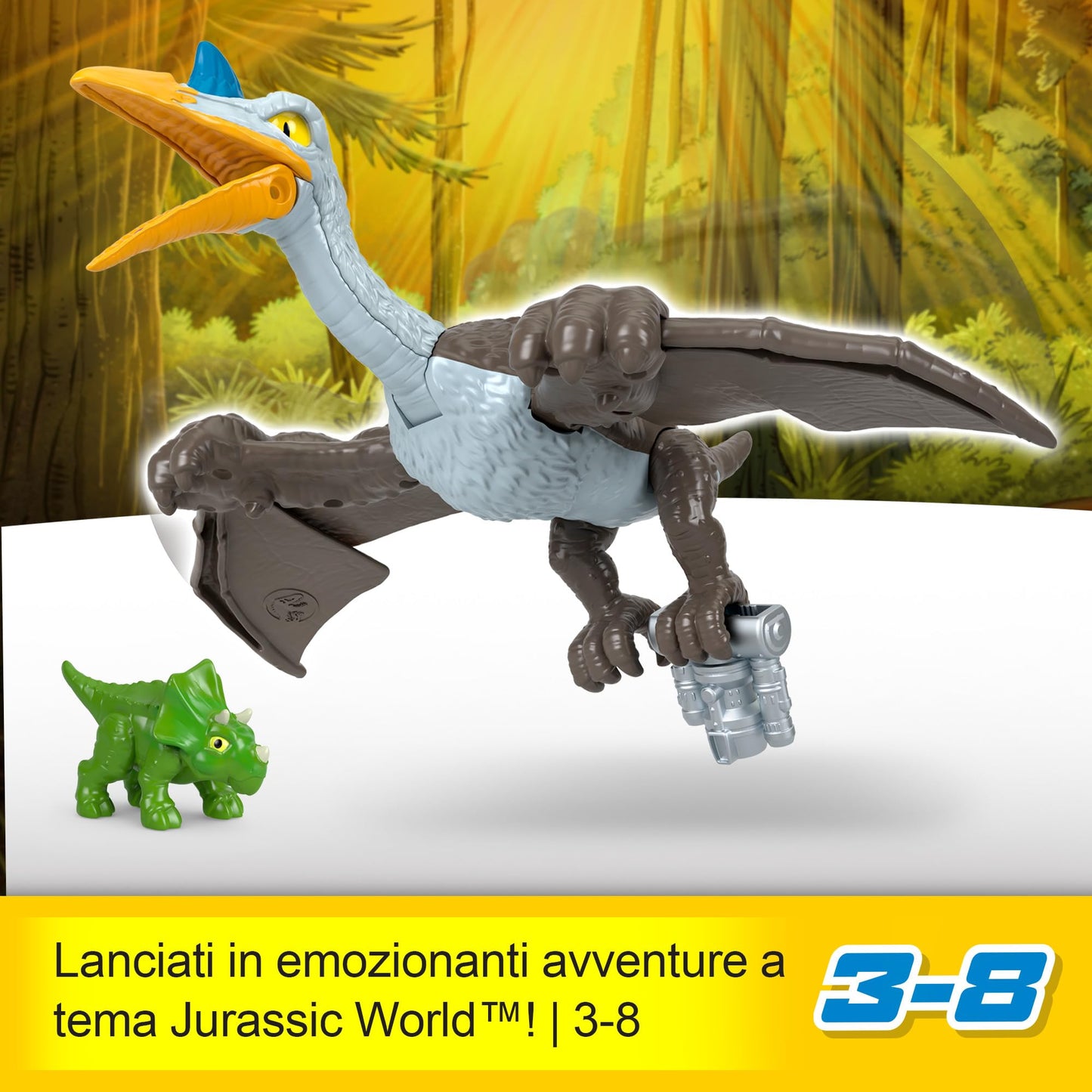 Imaginext Jurassic World Dominion - Quetzal Agguato in volo, dinosauro da 18 cm con ali mobili e accessorio imbracatura, triceratopo preda incluso, giocattolo per bambini, 3+ anni, HML44