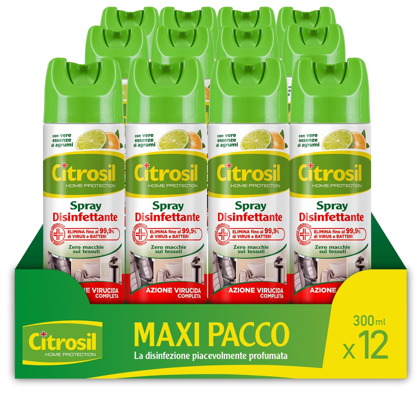 Citrosil Disinfettante Spray, Azione Virucida Completa, Elimina Fino al 99,9% di Virus e Batteri, Essenza di Agrumi, 300 ml x 12 Confezioni
