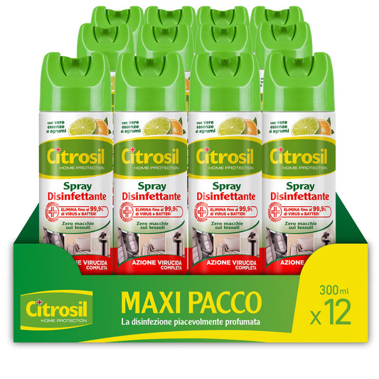Citrosil Disinfettante Spray, Azione Virucida Completa, Elimina Fino al 99,9% di Virus e Batteri, Essenza di Agrumi, 300 ml x 12 Confezioni