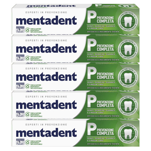 5x Mentadent Prevenzione Completa Dentifricio Protezione per Tutta la Bocca con Zinco Antibatterico - 5 Flaconi da 75 ml ognuno