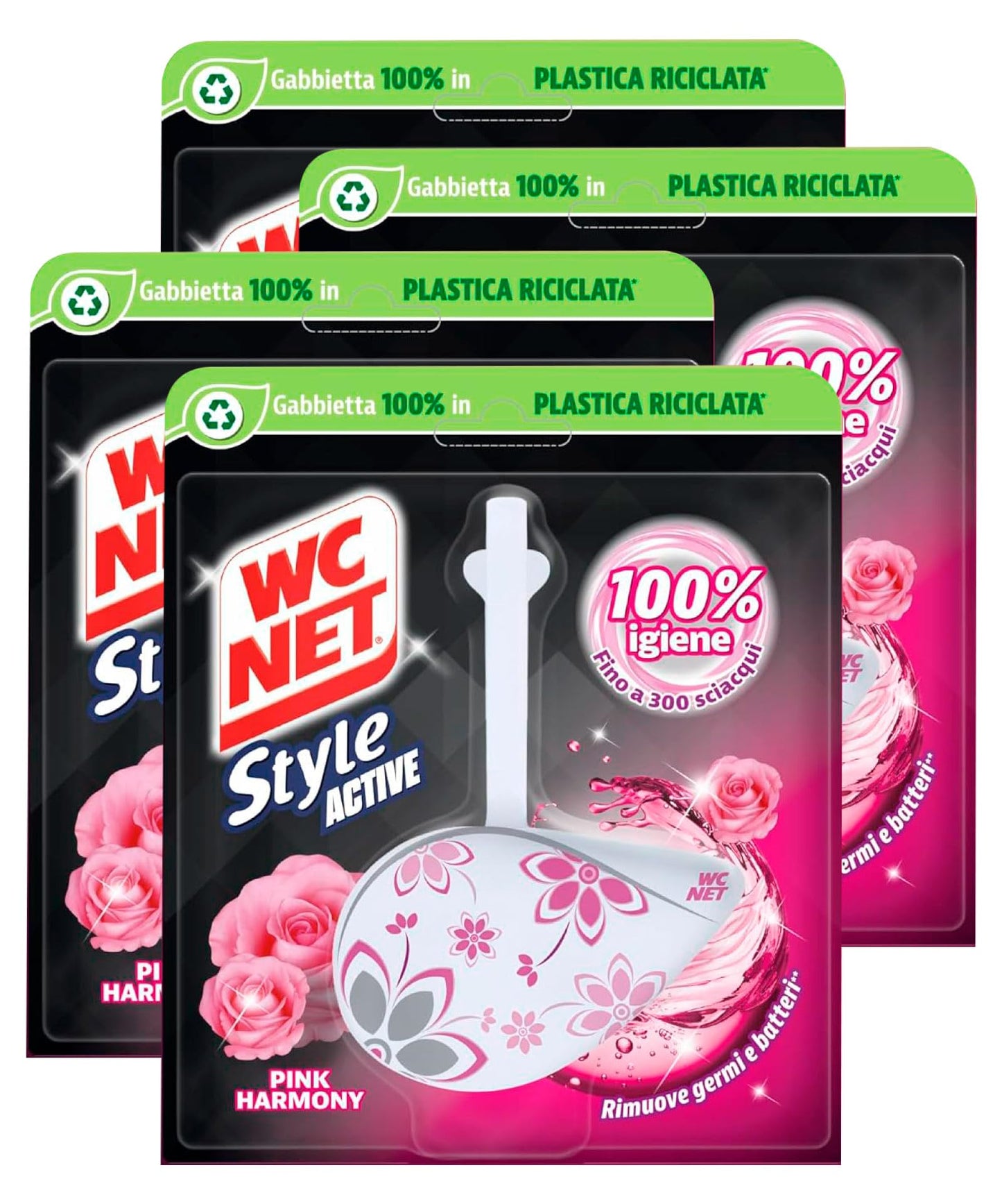 Wc Net - Tavoletta Style Active, Detergente Igienizzante Solido per WC, Fragranza Pink Harmony, 4 Pezzi