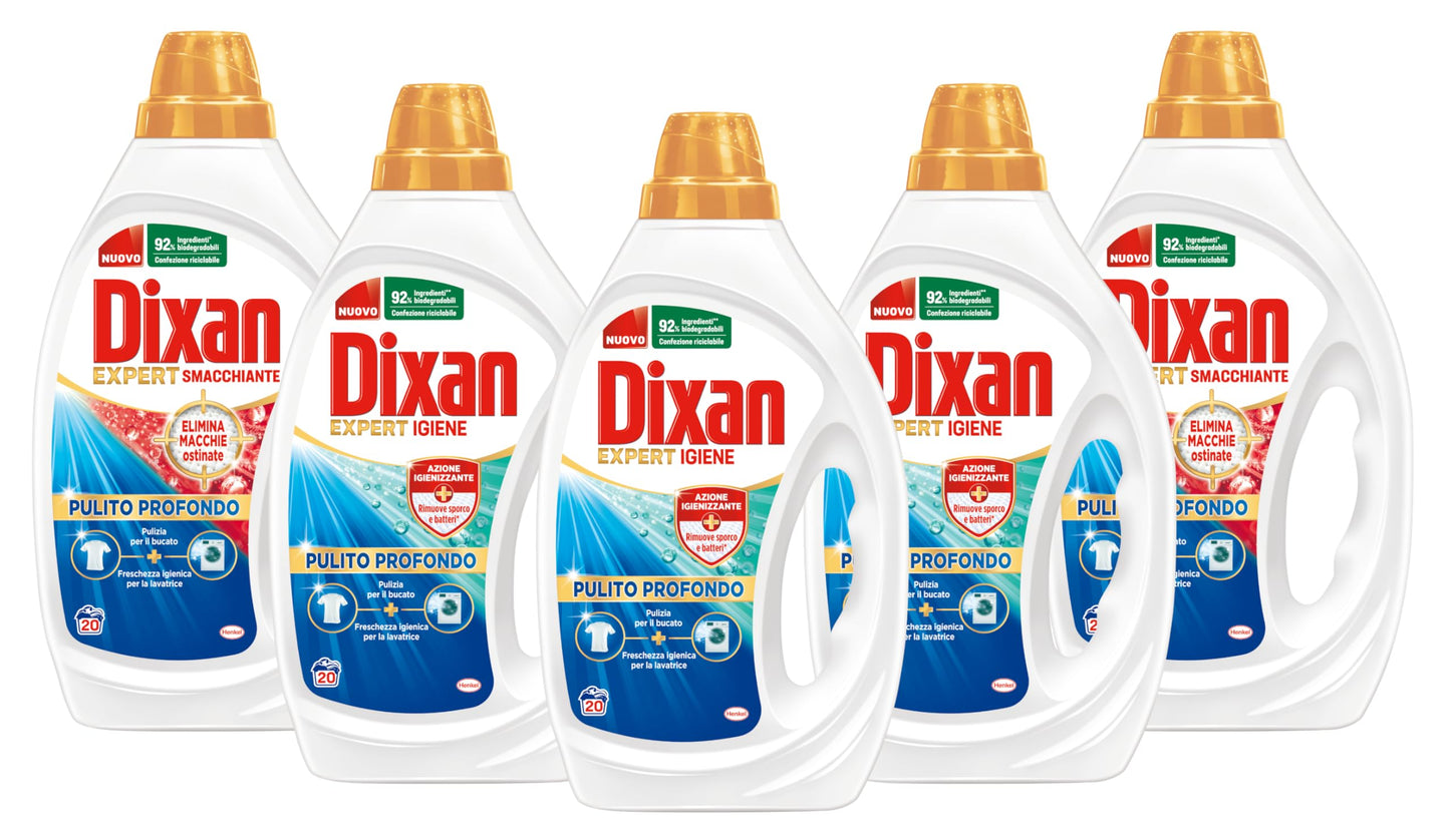Dixan Expert Detersivo Lavatrice Liquido, 2 Confezioni Smacchiante + 3 Confezioni Igiene, 5 x 20 lavaggi - 100 Lavaggi. Rimuove le macchie da 20°C