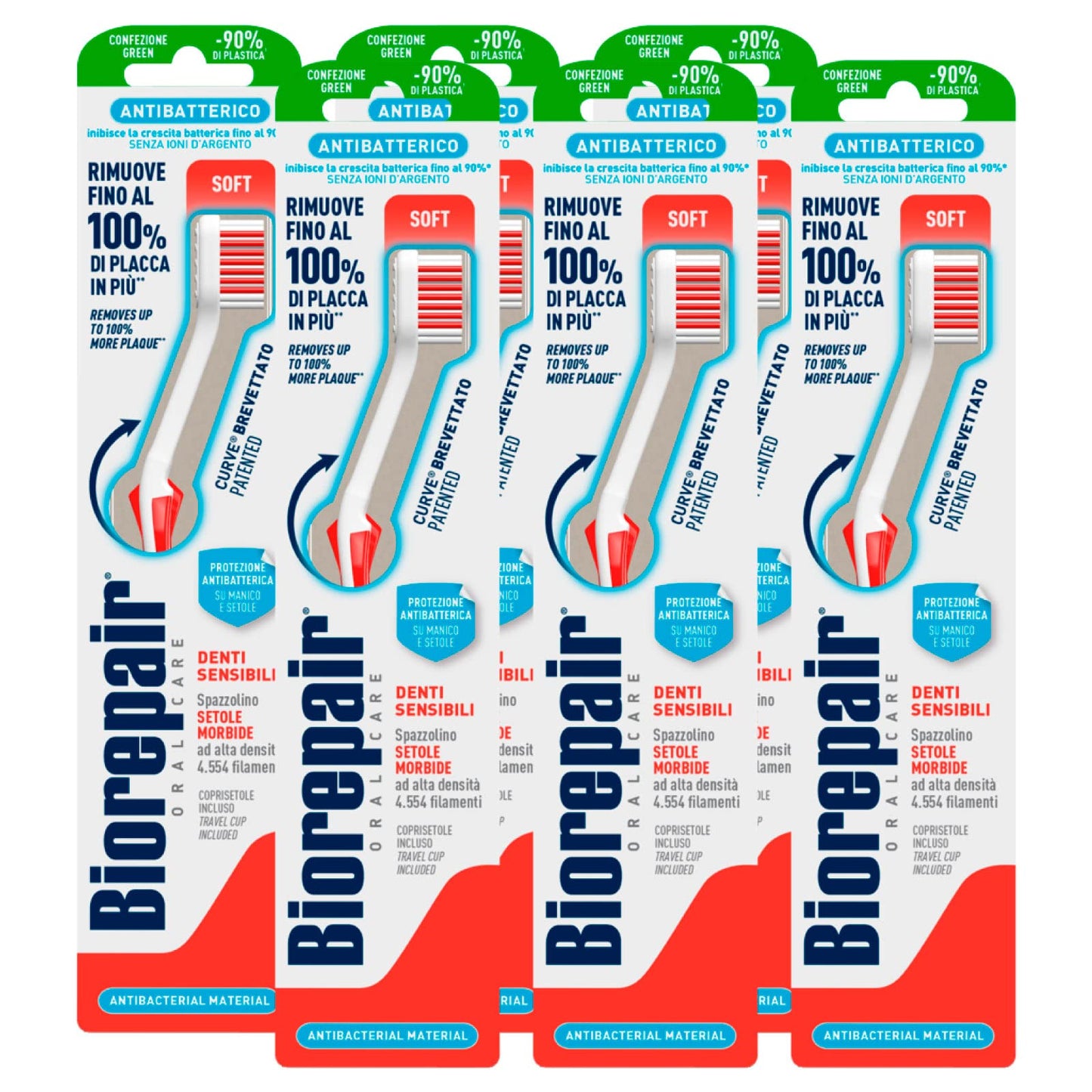6x Biorepair Spazzolino Curve Antibatterico Soft a Setole Morbide per Denti Sensibili - 6 Spazzolini