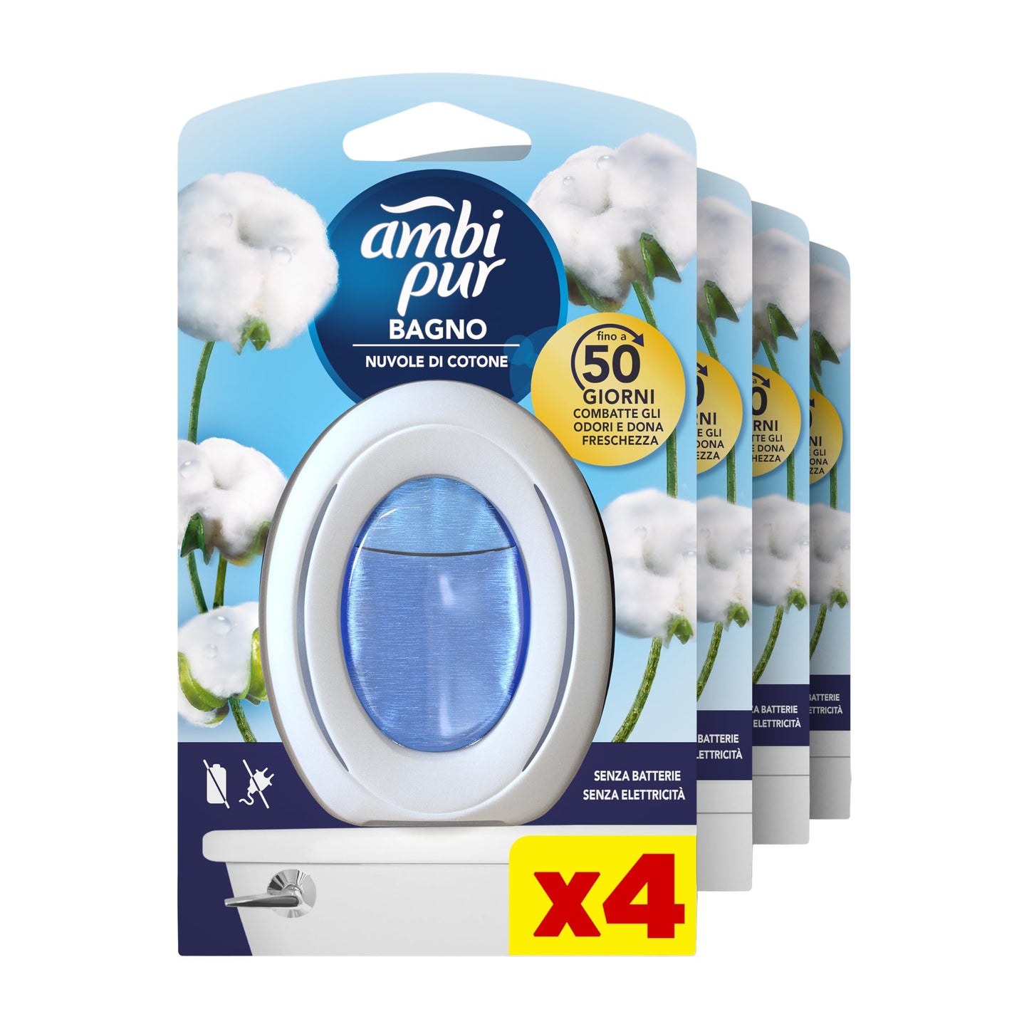 Ambi Pur Bagno Profumatore Per Ambienti, 4 Profumatori, Fragranza Nuvole di Cotone, Diffusore Ambiente con Tecnologia Elimina Odori, Durata Fino a 50 Giorni per Profumatore