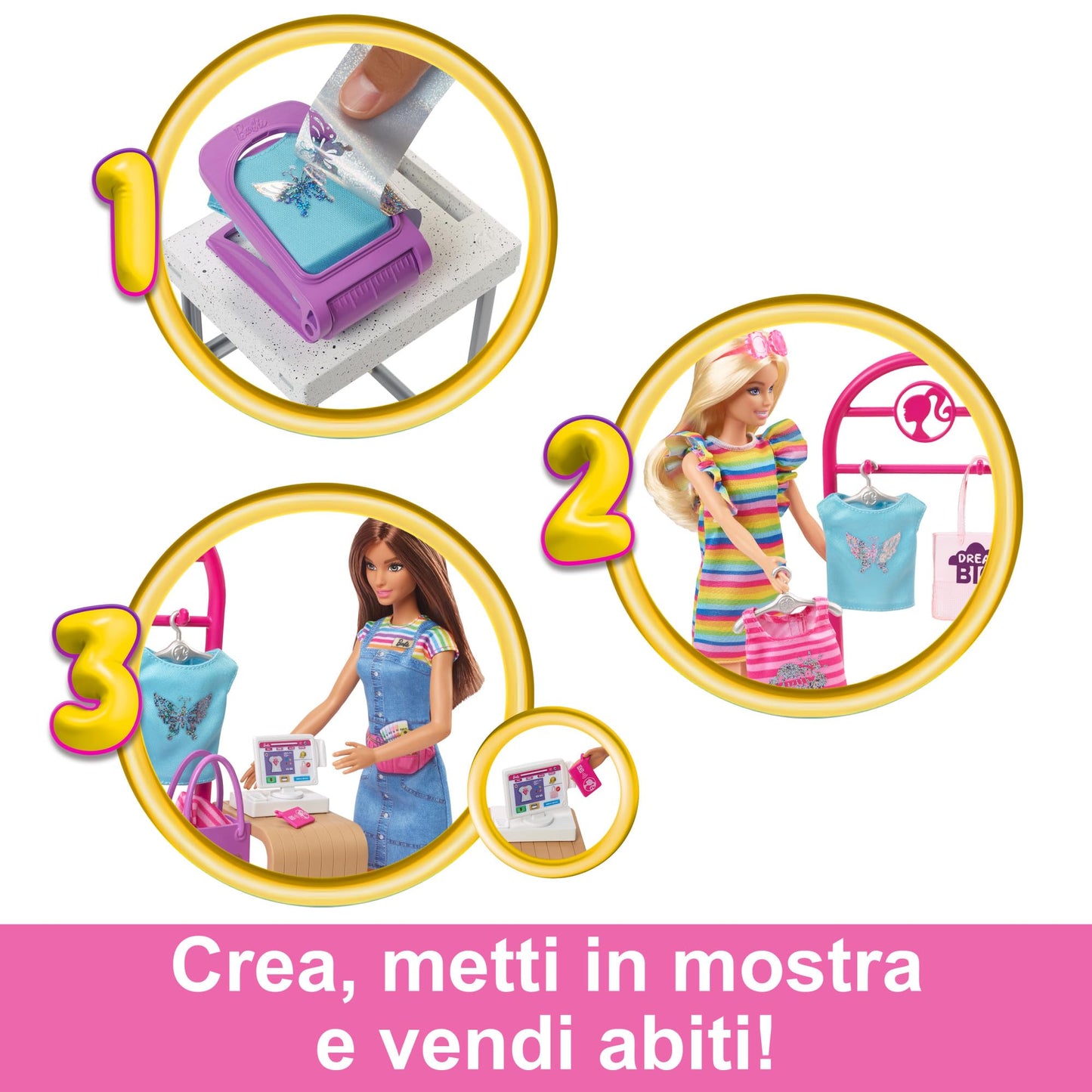 Barbie - Make & Sell Boutique, playset con Bambola e Accessori alla Moda Inclusi, espositore, Stampante e Adesivi per Creare 150+ Look Personalizzati, Giocattolo per Bambini, 5+ Anni, HKT78