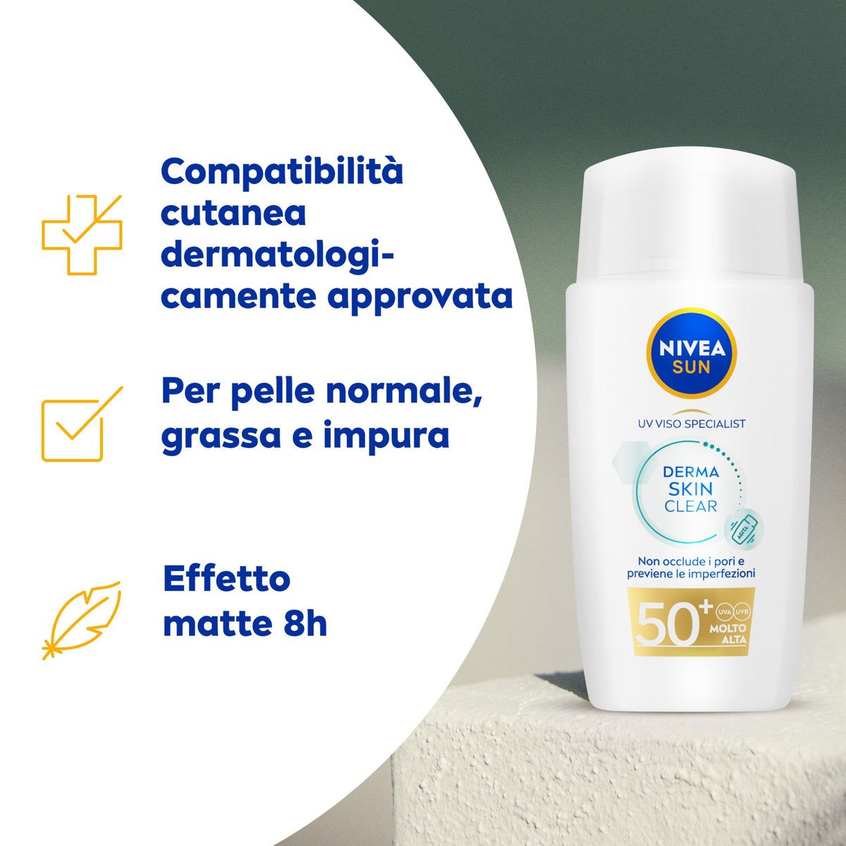 NIVEA SUN Derma Skin Clear Crema Solare Viso SPF50+ da 40 ml, Protezione solare con complesso Anti-Imperfezioni + Niacinamide, Crema viso SPF 50+ in fluido ultra leggero