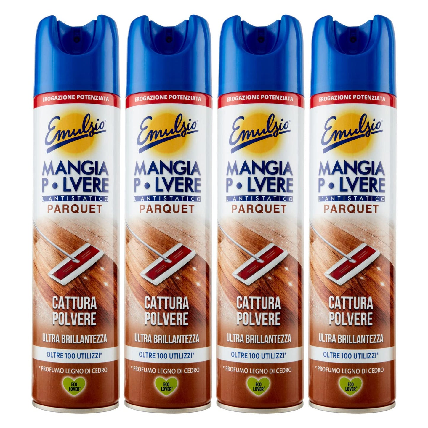 4x Emulsio Mangia Polvere L'antistatico Parquet Cattura Polvere e Ultra Brillantezza al Legno di Cedro - 4 Flaconi Spray da 300ml ognuno