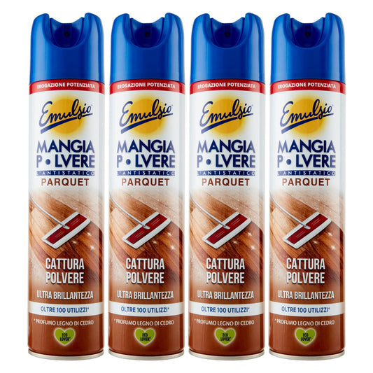 4x Emulsio Mangia Polvere L'antistatico Parquet Cattura Polvere e Ultra Brillantezza al Legno di Cedro - 4 Flaconi Spray da 300ml ognuno