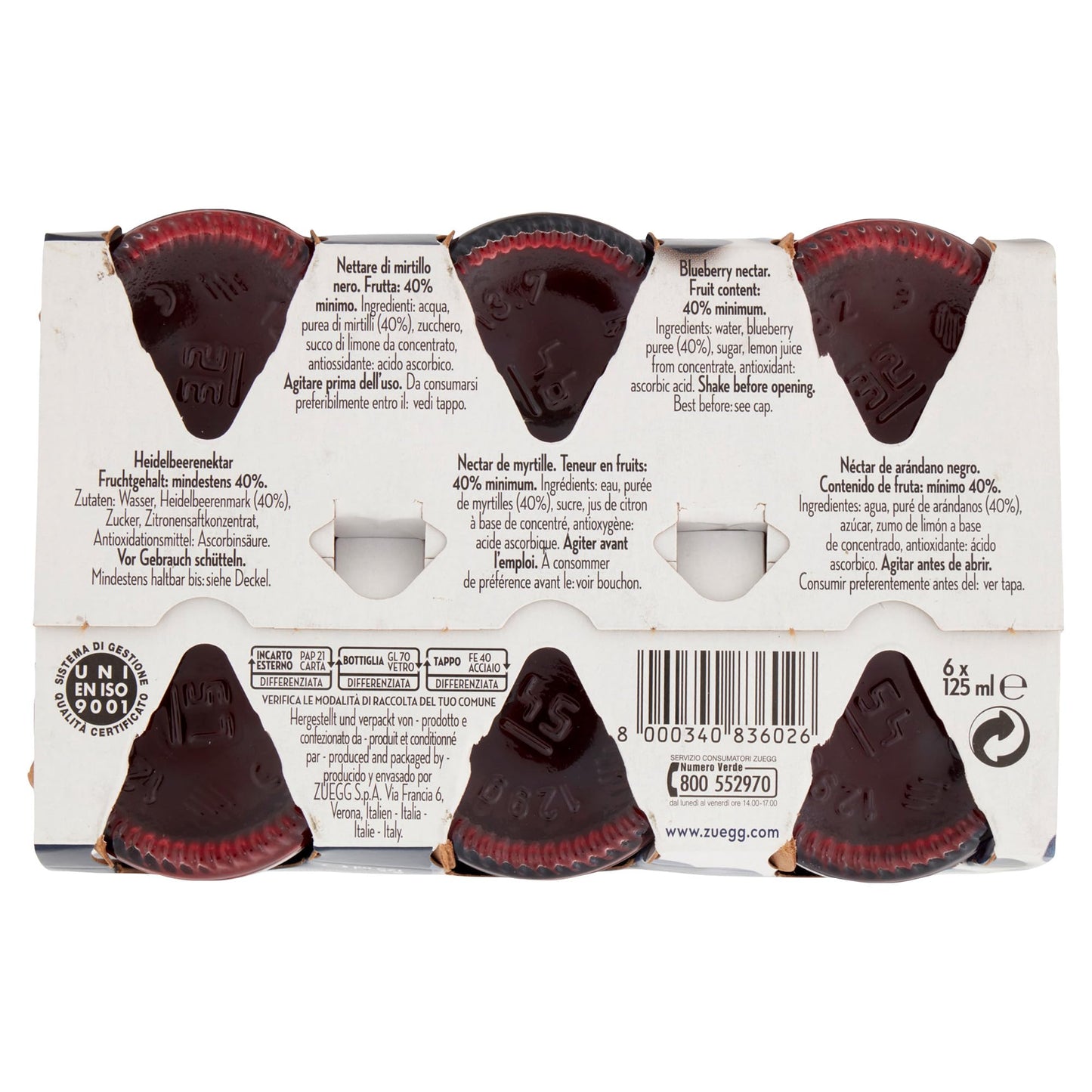 Zuegg Succo di Frutta Nettare di Mirtillo Nero Selvatico in Bottiglia di Vetro (125Ml), Linea Benessere - Fonte di Vitamina C, Frutta 40% Minimo (4 confezioni da 6x125Ml, 24 pezzi)