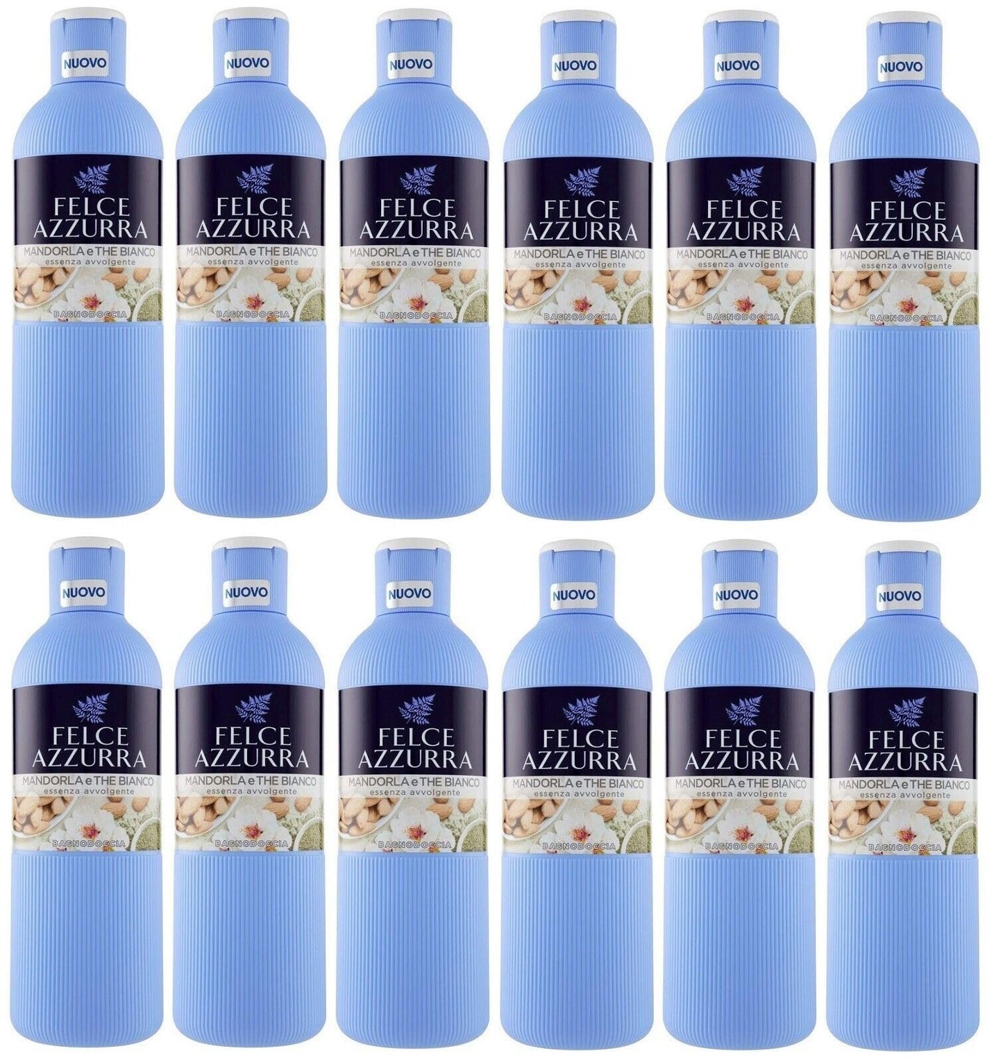 Confezione da 12 pezzi Paglieri Felce Azzurra Bagnodoccia Mandorla e The Bianco, lavaggio corpo a mandorle e tè bianco, gel doccia 650 ml