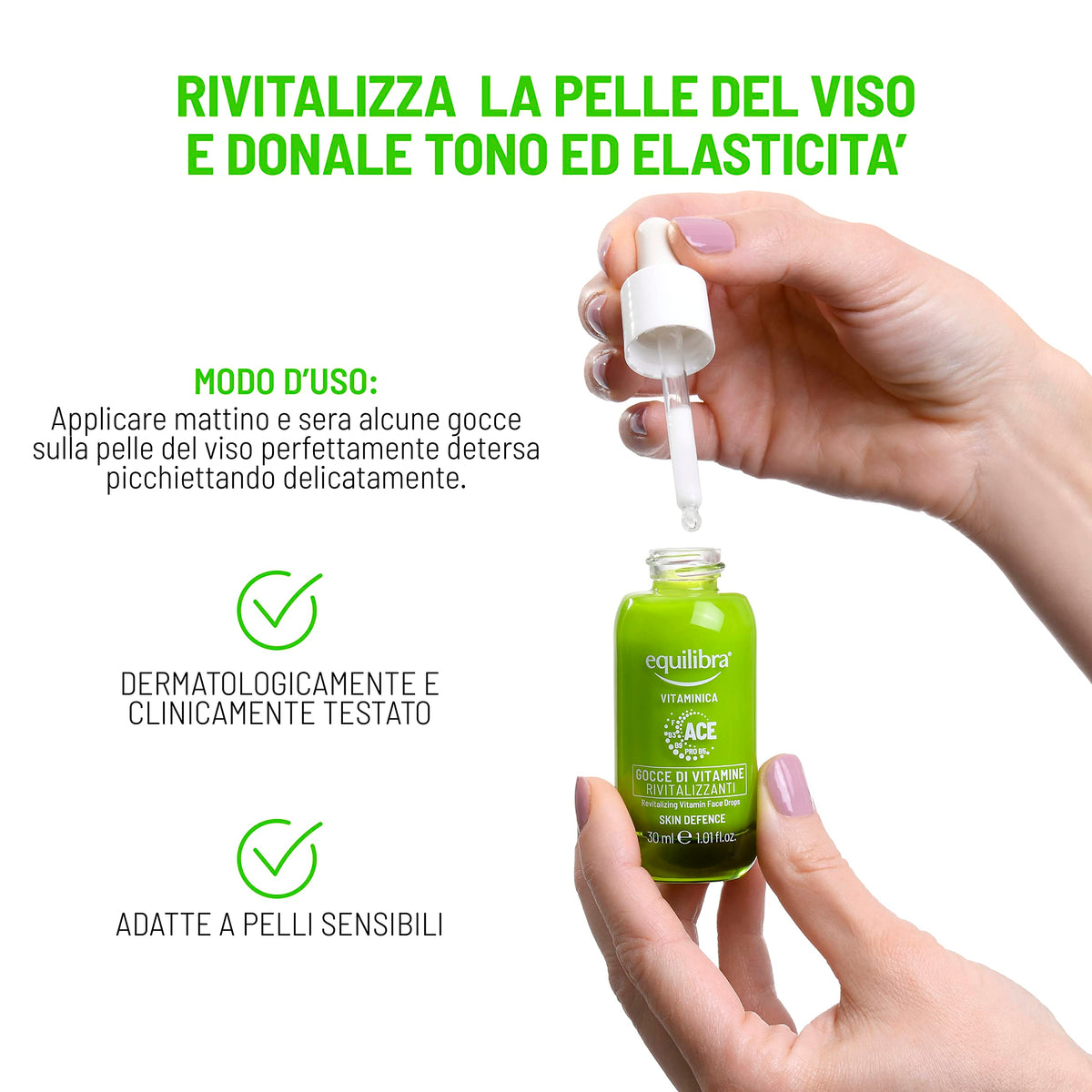Equilibra Viso, Vitaminica, Gocce di Vitamine Rivitalizzanti, Siero Viso con Complesso Multivitaminico, Oli di Oenothera e Oliva, Yuzu, Dona Tono ed Elasticità, 30 ml