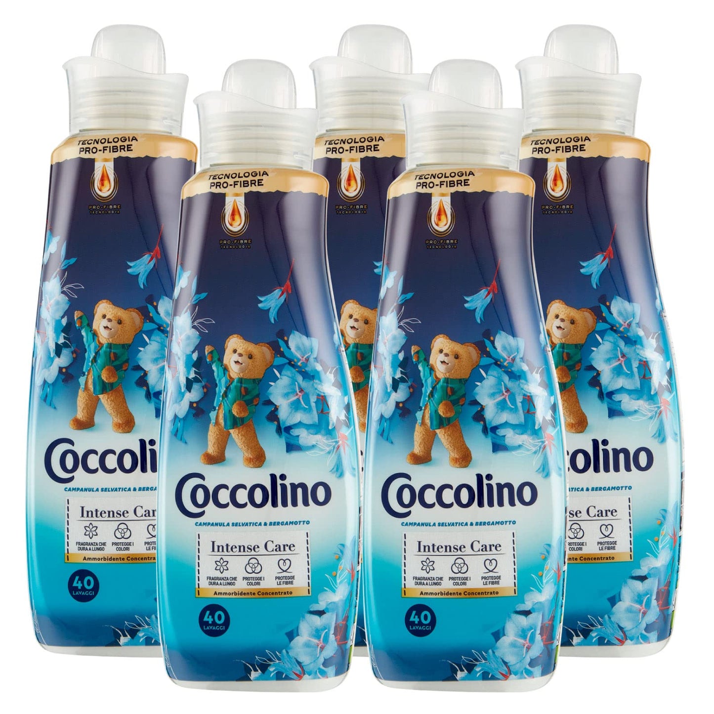 5x Coccolino Intense Care Ammorbidente Concentrato Profumo di Campanula Selvatica e Bergamotto 200 Lavaggi Totali - 5 Flaconi da 1 Litro Ognuno
