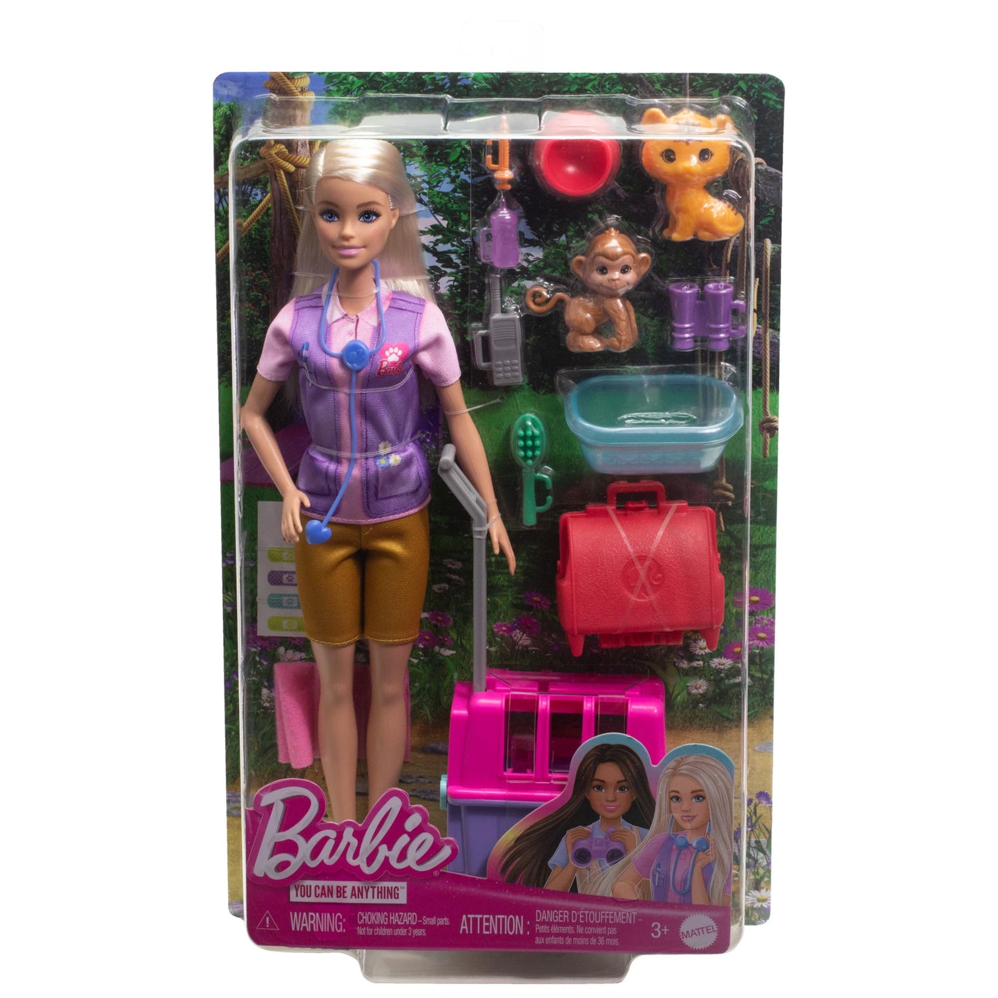 Barbie Carriere - Salvataggio e Recupero Animali, playset con Bambola bionda, scimmietta e Cucciolo di Tigre, trasportino e Accessori Inclusi, Giocattolo per Bambini, 3+ Anni, HRG50