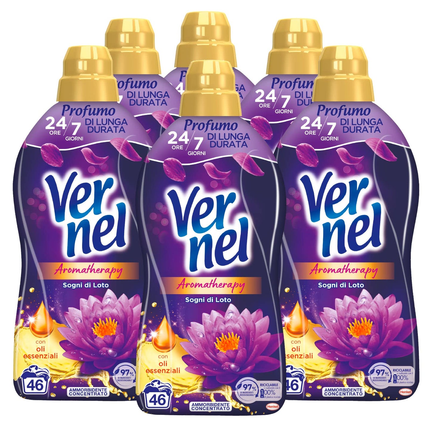 Vernel Aromatherapy Sogni di Loto Ammorbidente Liquido Concentrato con Oli Essenziali Per Bucato Morbido Soffice e Profumato - 6 Flaconi da 1,15 Litri