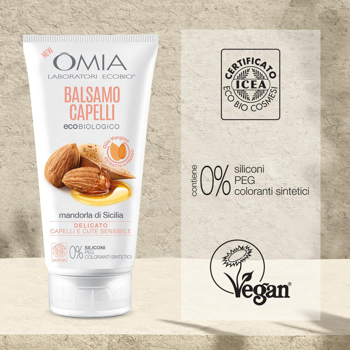 Omia, Balsamo Capelli Eco Bio con Mandorla di Sicilia per Capelli e Cute Sensibile, Formula Delicata, Balsamo per Lavaggi Frequenti, Senza Siliconi e SLES, Flacone da 180 ml