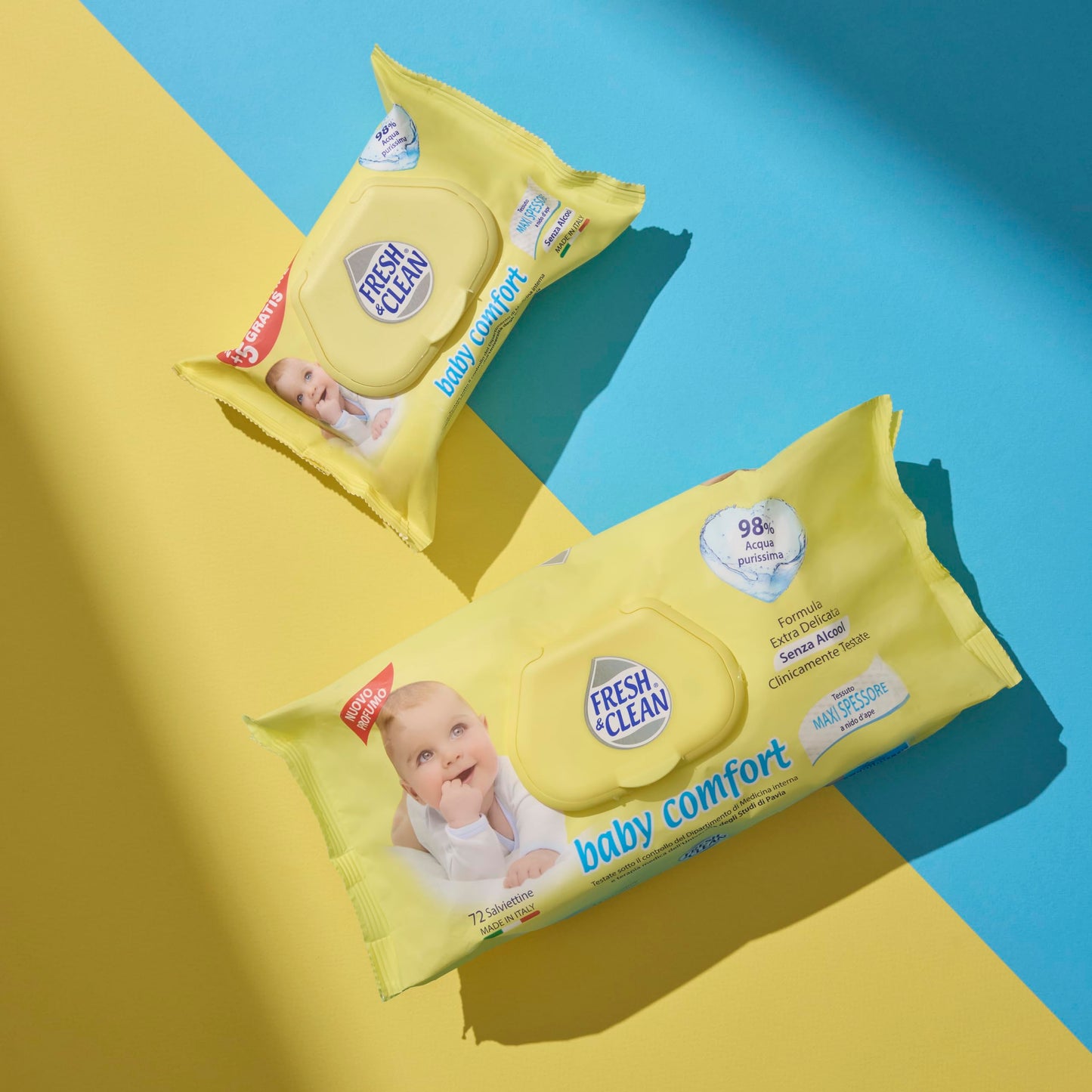 Fresh & Clean - Salviettine per Neonato Baby Comfort, Tessuto maxi spessore, Extra Delicate Senza Alcool, Morbidezza ed Assorbenza, 72 pezzi