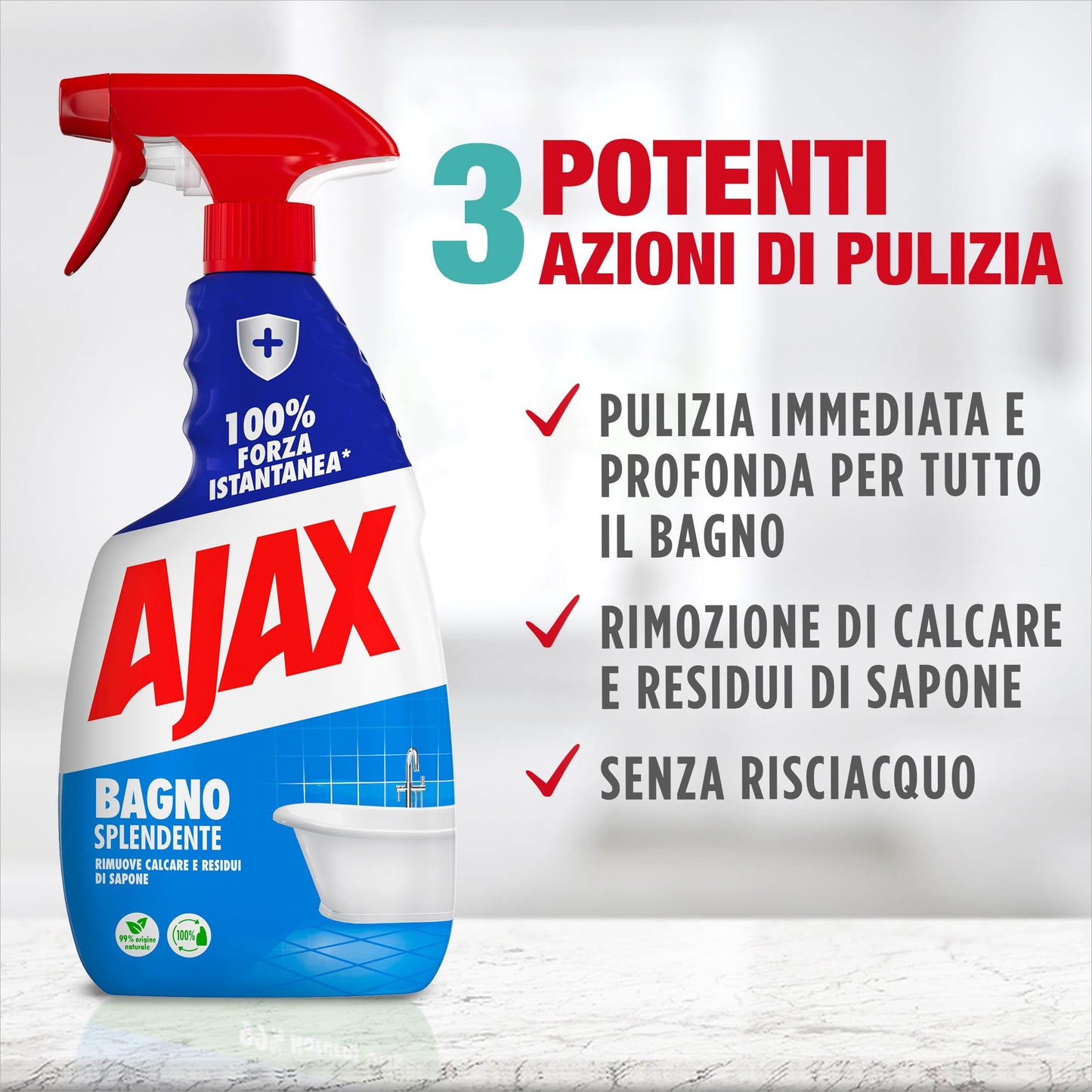 Ajax detersivo spray bagno splendente 10 Confezioni da 600 ml, Rimuove facilmente il 100% del calcare I Superfici del bagno brillanti I Detergente vegano* I flacone in plastica 100% riciclata