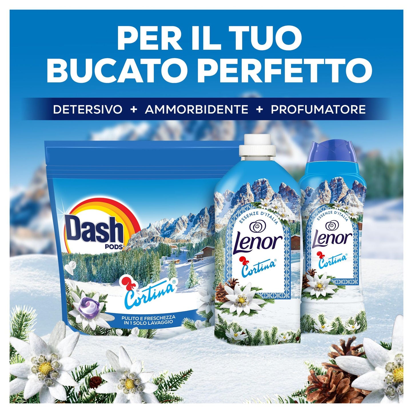 Lenor Profumatore Bucato Perle Profumate Lavatrice 495g, Champions Edition, Cortina, Stella Alpina e Muschio Bianco, Freschezza continua fino a 12 settimane nel guardaroba