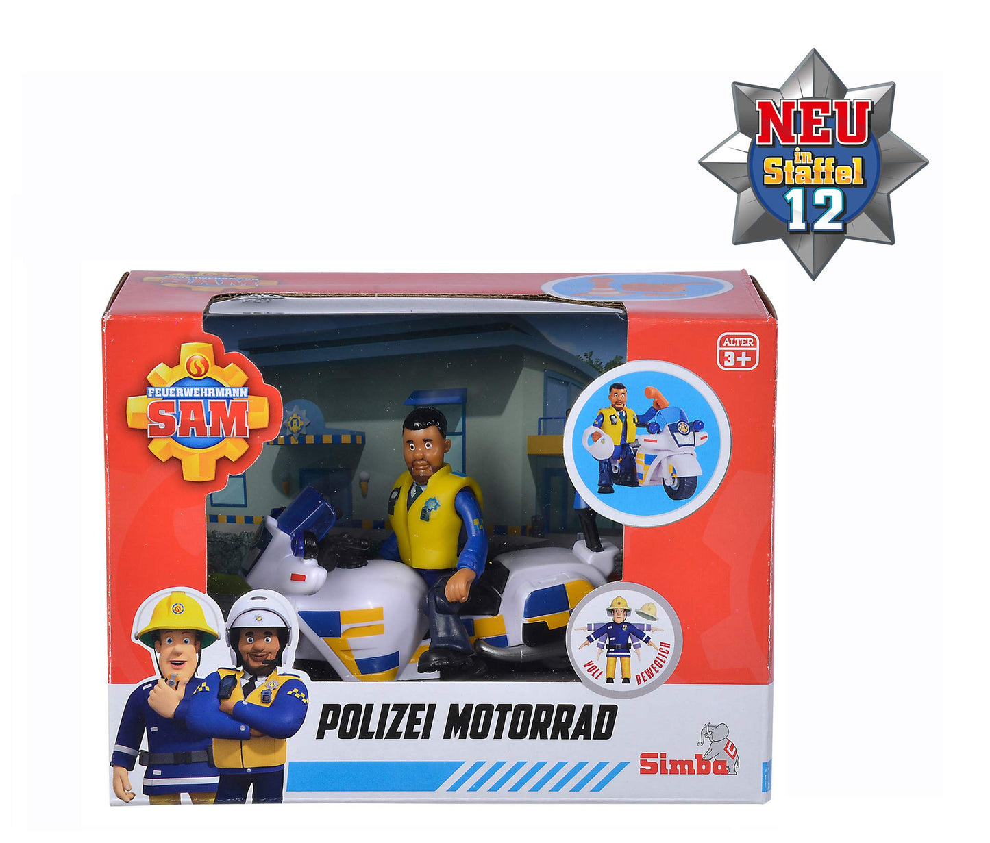 Simba 109251092 - Pompiere Sam, Polizia, con personaggio Malcolm sulla moto della polizia, con accessori, stagione 12, dai 3 anni in su