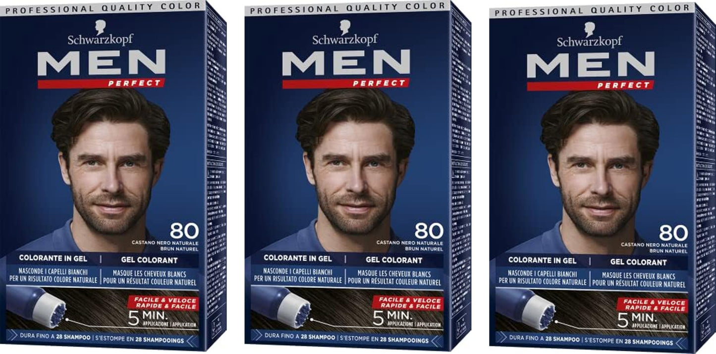 Schwarzkopf, Men Perfect, Tinta per Capelli, in Gel, Copertura dei Capelli Bianchi per Uomo, Risultato Effetto Naturale, Dura Fino a 28 Shampoo, Tonalità 80 Castano Nero Naturale, 3 confezioni