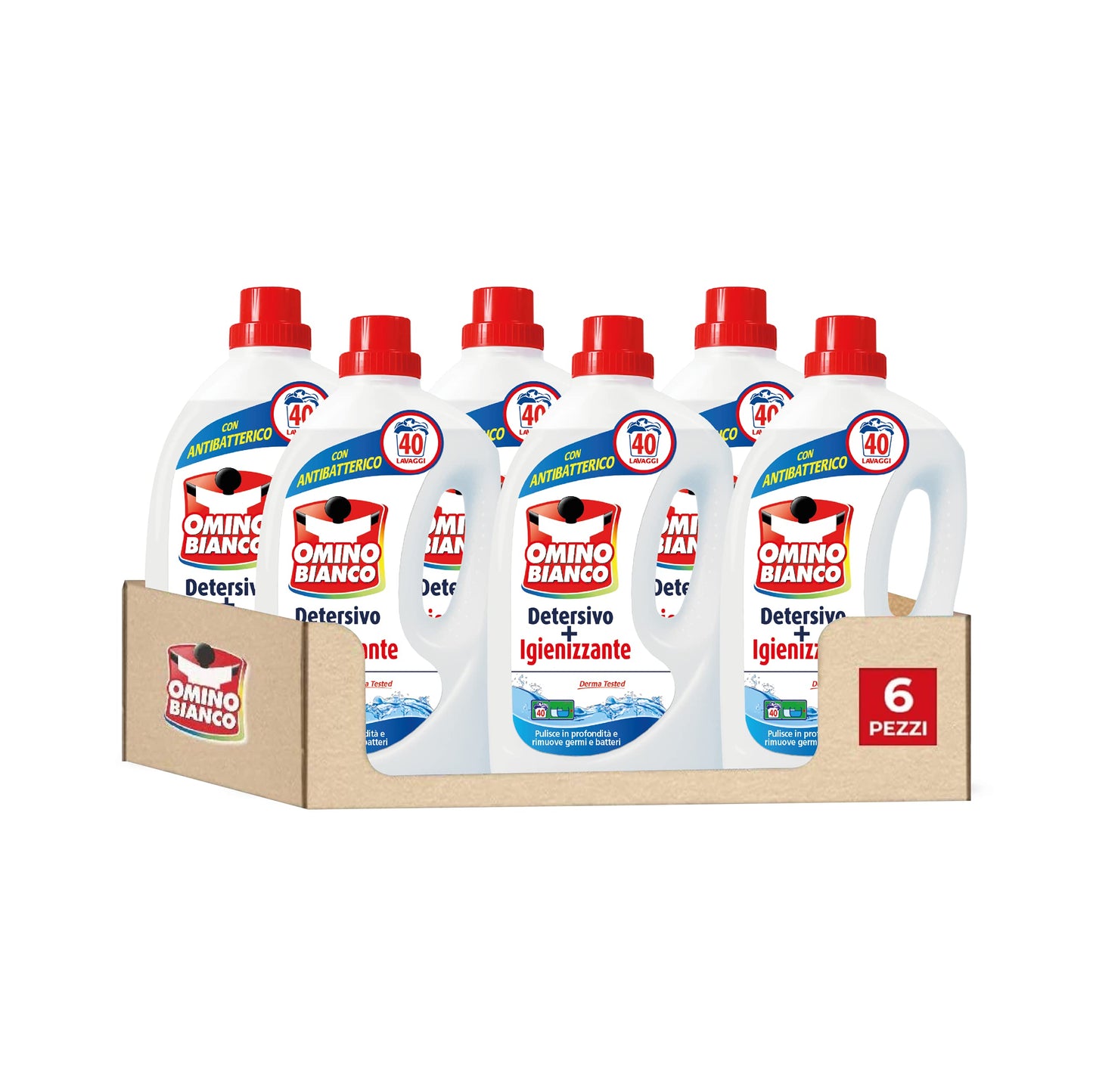 Omino Bianco - Detersivo Lavatrice Igienizzante Liquido, 240 Lavaggi, Igienizza i Capi e Rimuove Germi e Batteri, Formato Convenienza, 2000 ml x 6 Confezioni