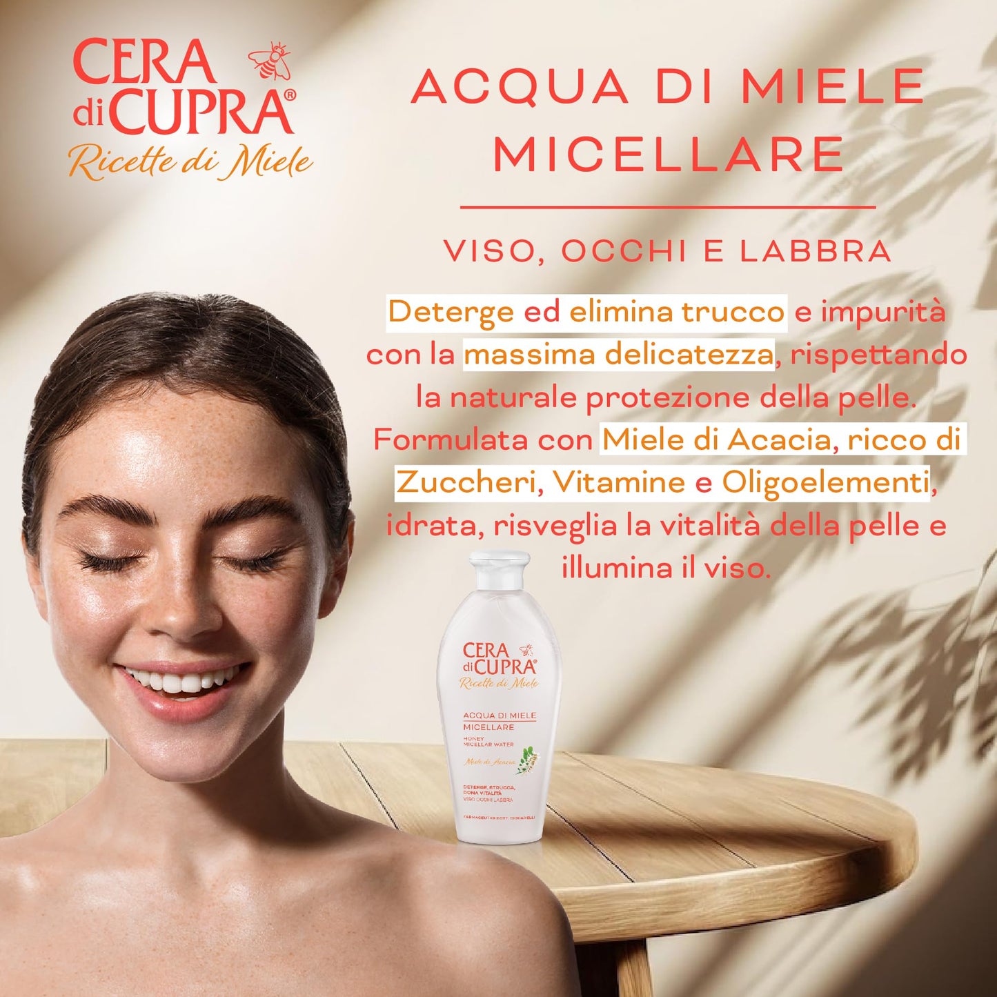 Cera di Cupra, Acqua di Miele Micellare, Deterge ed Elimina il Trucco e le Impurità con Massima Delicatezza, Deterge Viso, Occhi e Labbra, Made in Italy, Dermatologicamente Testata, 200 ml