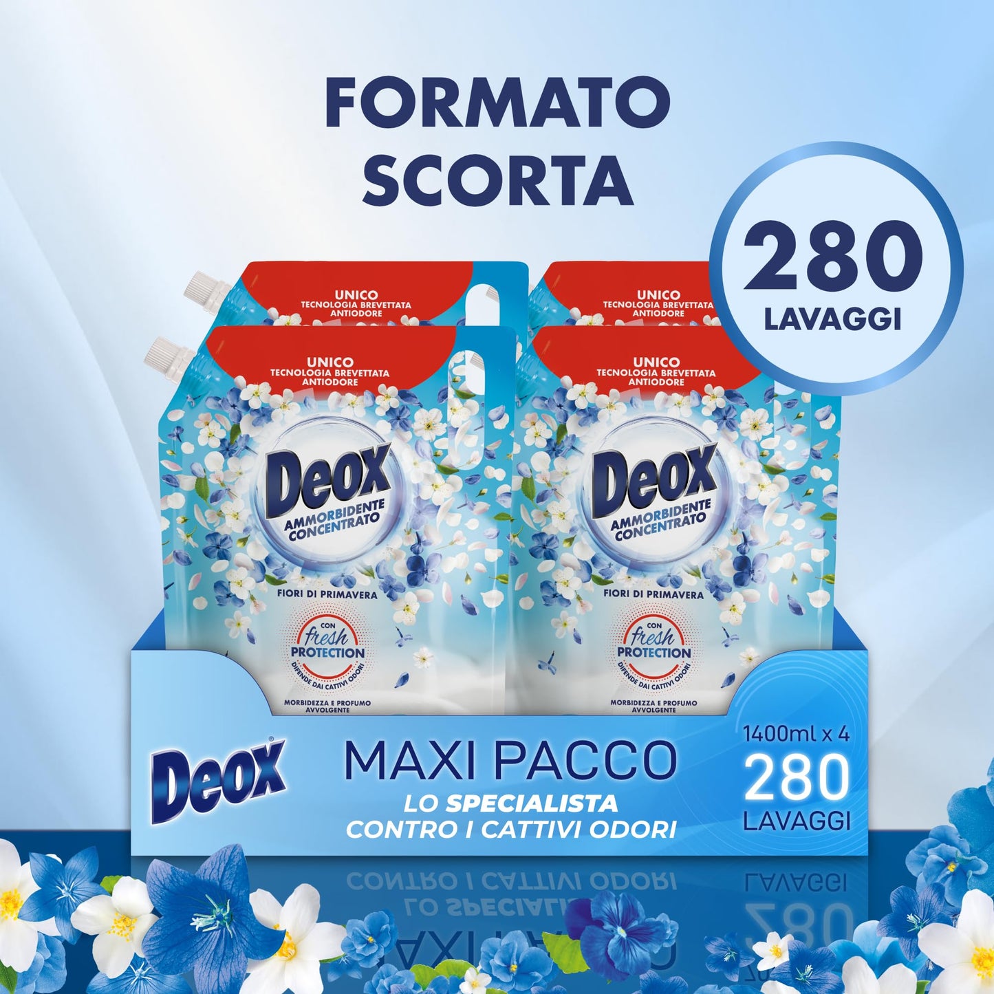Deox Ammorbidente Concentrato, 280 Lavaggi, Fiori di Primavera, Ecoformato, 4 x 1400 ml