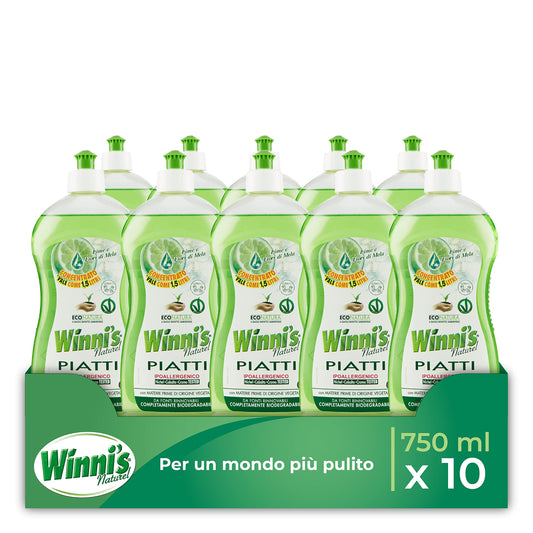 Winni's - Detersivo Piatti e Stoviglie a Mano, Ipoallergenico e Delicato sulla Pelle, Formula Concentrata, Fragranza Lime e Fiori di Mela, Materie Prime di Origine Vegetale, 750 ml x 10 Confezioni