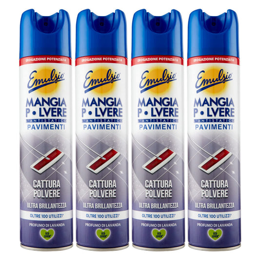 Emulsio Mangia Polvere L'antistatico Pavimenti Cattura Polvere e Ultra Brillantezza alla Lavanda - 4 Flaconi Spray da 300ml ognuno