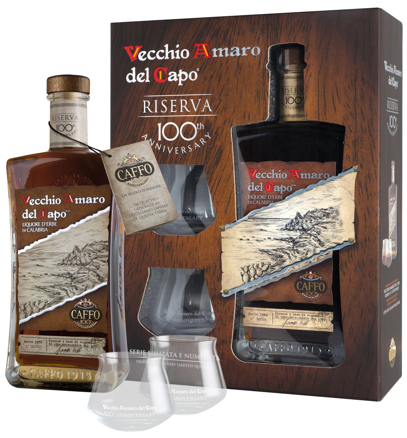 Vecchio Amaro del Capo Riserva del Centenario cl. 70 - confezione con 2 pregiati bicchieri da degustazione.