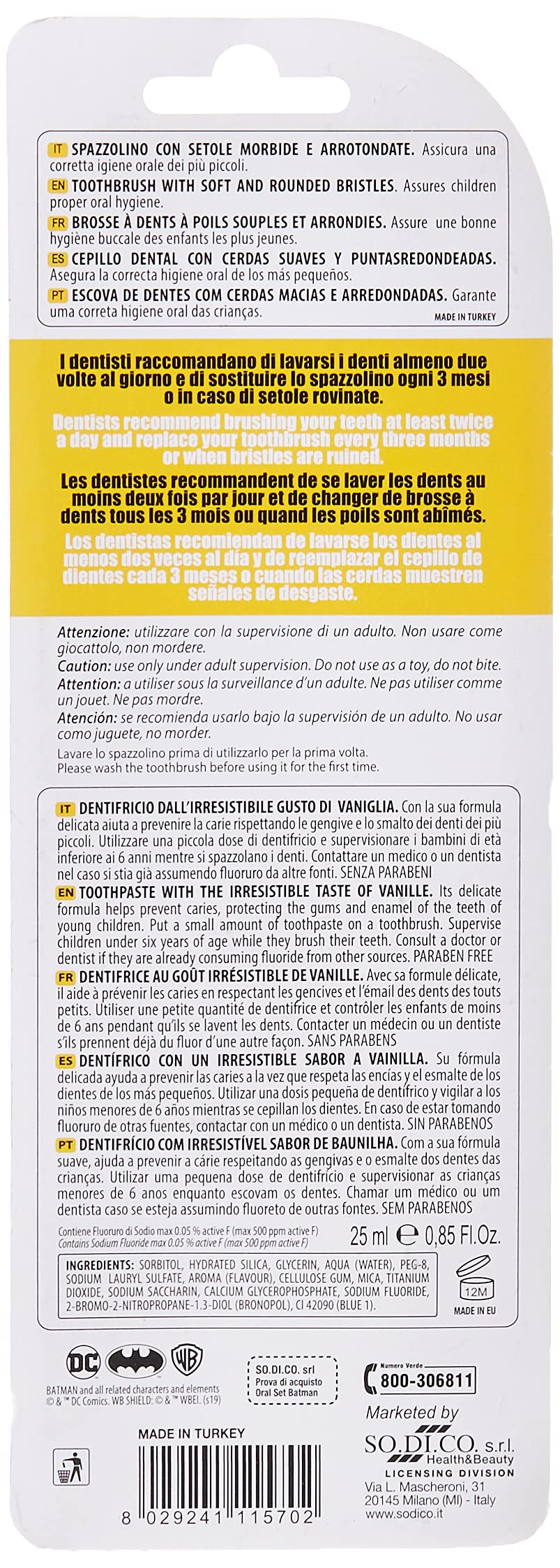 Naturaverde | Kids - Warner Bros Batman - Kit Pulizia Orale per Bambini, Dentifricio Vaniglia 25ml e Spazzolino Setole Morbide, Dentifricio Batman