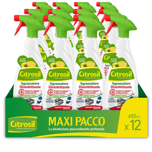 Citrosil Sgrassatore Disinfettante, Azione Virucida Completa, Elimina Fino al 99,9% di Virus e Batteri, Essenze di Limone, 650 ml x 12 Confezioni