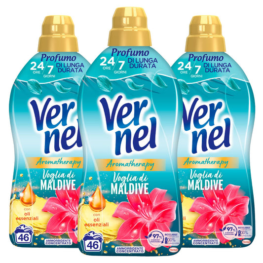 Vernel Ammorbidente Concentrato Aromatherapy Fragranza Voglia di Maldive per Lavatrice Bucato Profumato e Capi Morbidi e Soffici - 3 Flaconi da 1,15 Litri