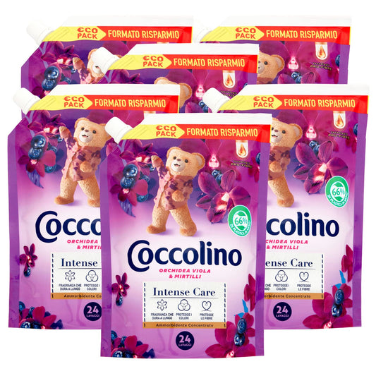 6x Coccolino Intense Care Ammorbidente Concentrato Profumo Orchidea Viola e Mirtilli 144 Lavaggi Totali - 6 Flaconi da 600 ml Ognuno