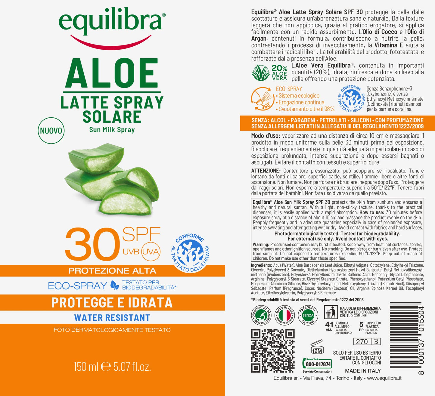 equilibra Solari, Aloe Latte Spray Solare Spf 30, Latte Solare con Aloe Vera, Olio di Cocco, Olio di Argan e Vitamina E, Protegge dalle Scottature, per un'Abbronzatura Sana, Water Resistant, 150 ml