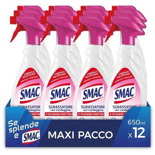 Smac - Sgrassatore con Candeggina, Detergente Spray con Azione Sgrassante e Igienizzante, Splendore Imbattibile, 650 ml x 12 Pezzi