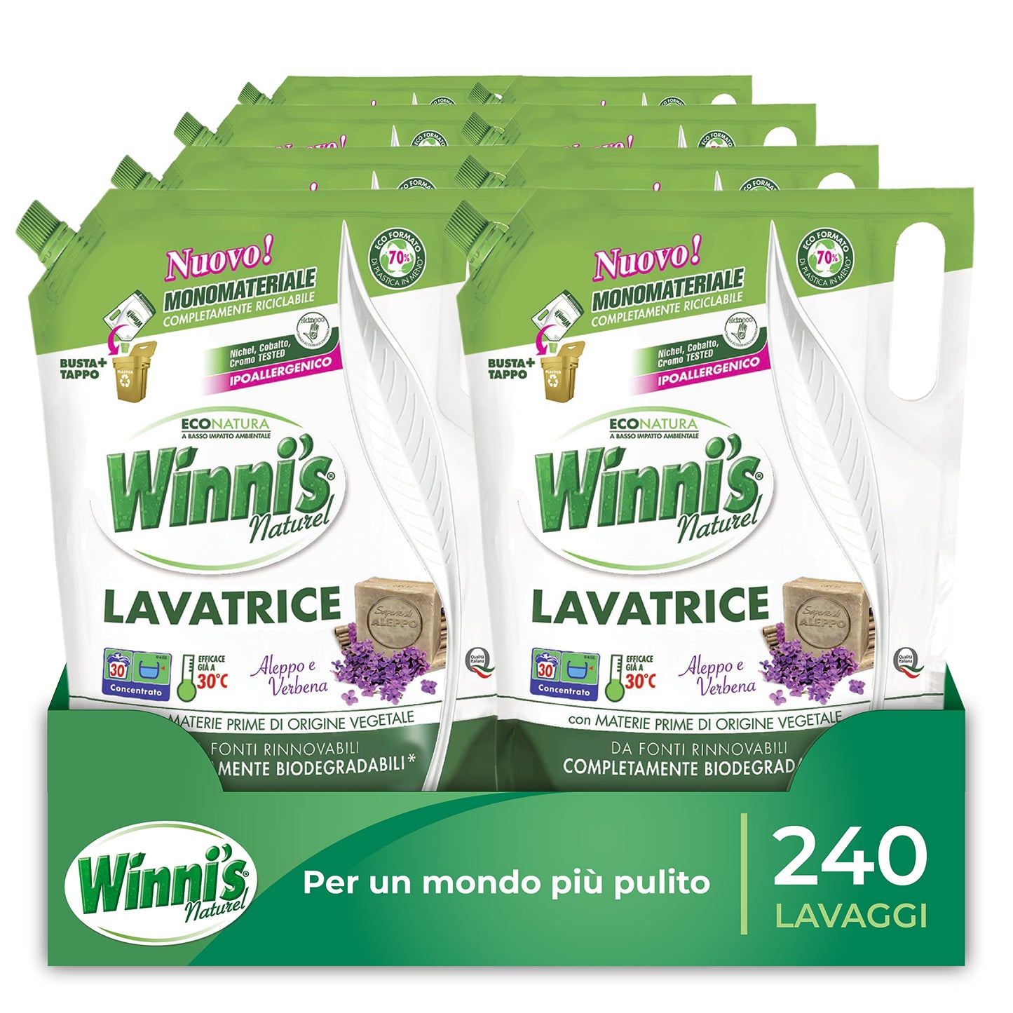 Winni's - Detersivo Lavatrice Ipoallergenico in Ecoformato, 240 Lavaggi, Adatto alle Pelli più Sensibili, Fragranza Aleppo e Verbena, con Materie Prime di Origine Vegetale, 1500 ml x 8 Confezioni