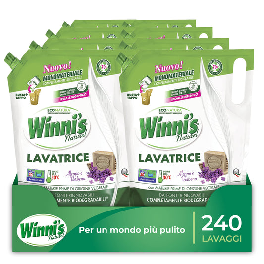 Winni's - Detersivo Lavatrice Ipoallergenico in Ecoformato, 240 Lavaggi, Adatto alle Pelli più Sensibili, Fragranza Aleppo e Verbena, con Materie Prime di Origine Vegetale, 1500 ml x 8 Confezioni