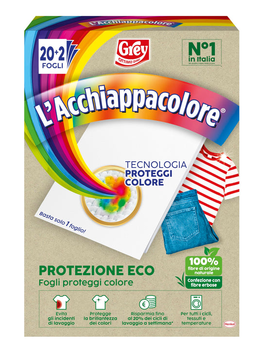 Grey L'Acchiappacolore Protezione ECO, Fogli Cattura Colore Lavatrice Evita Incidenti Lavaggio, Foglietti Acchiappacolore e Anti Sporco, Confezione da 22 fogli